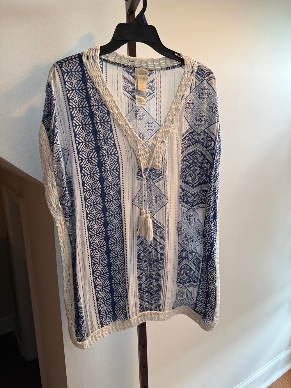 Chico’s Boho Crochet-Trim V-Neck Tunic Top - Blue & White